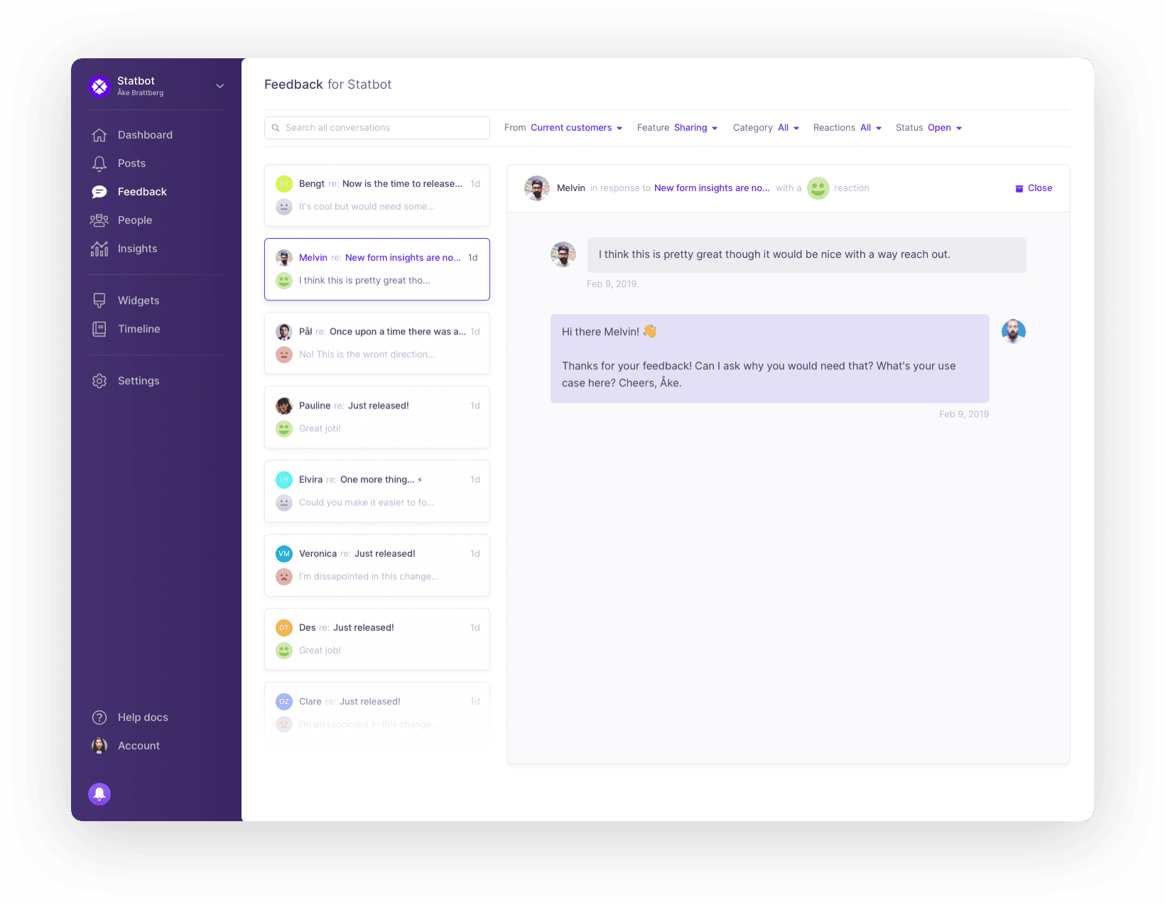 ProductVoice feedback view with customer comments and sentiment tracking