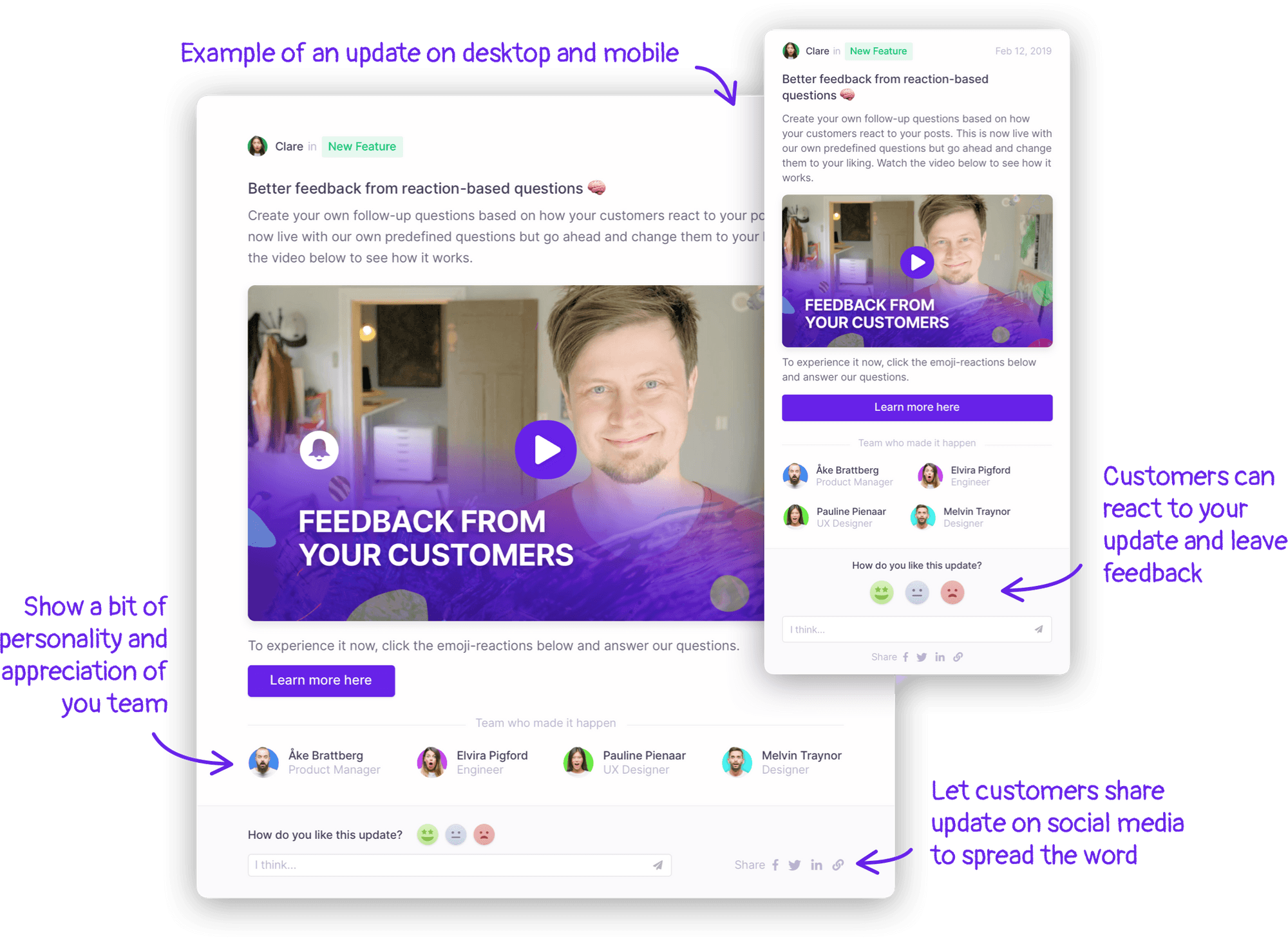 Example post from ProductVoice showing a product update with reactions and social sharing